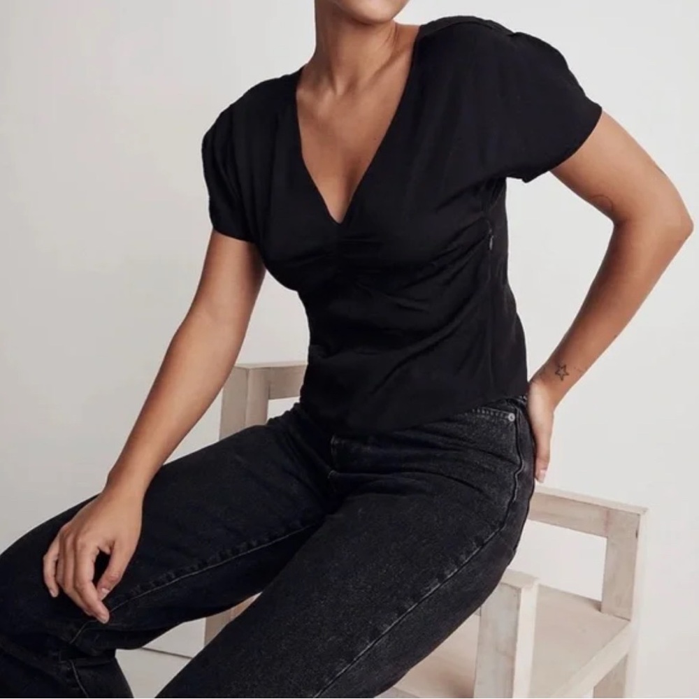 Madewell Ruched V Neck Jacquard Top Minimalist Texture Black Side Zip Size 0 NWT